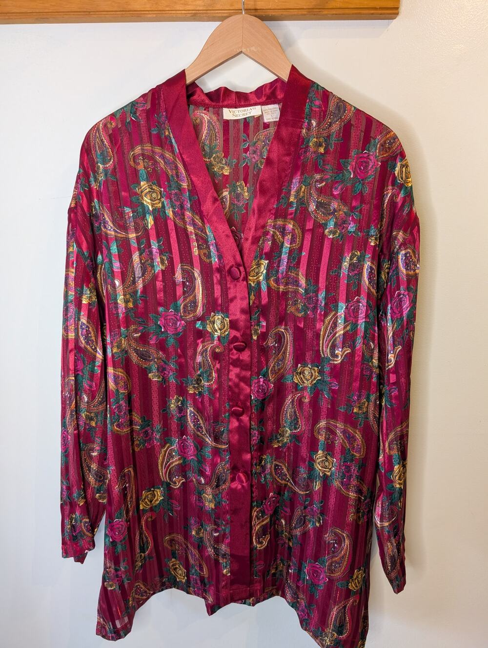 Vintage Victoria's Secret Burgundy Paisley Floral Satin Sleep Shirt Top L